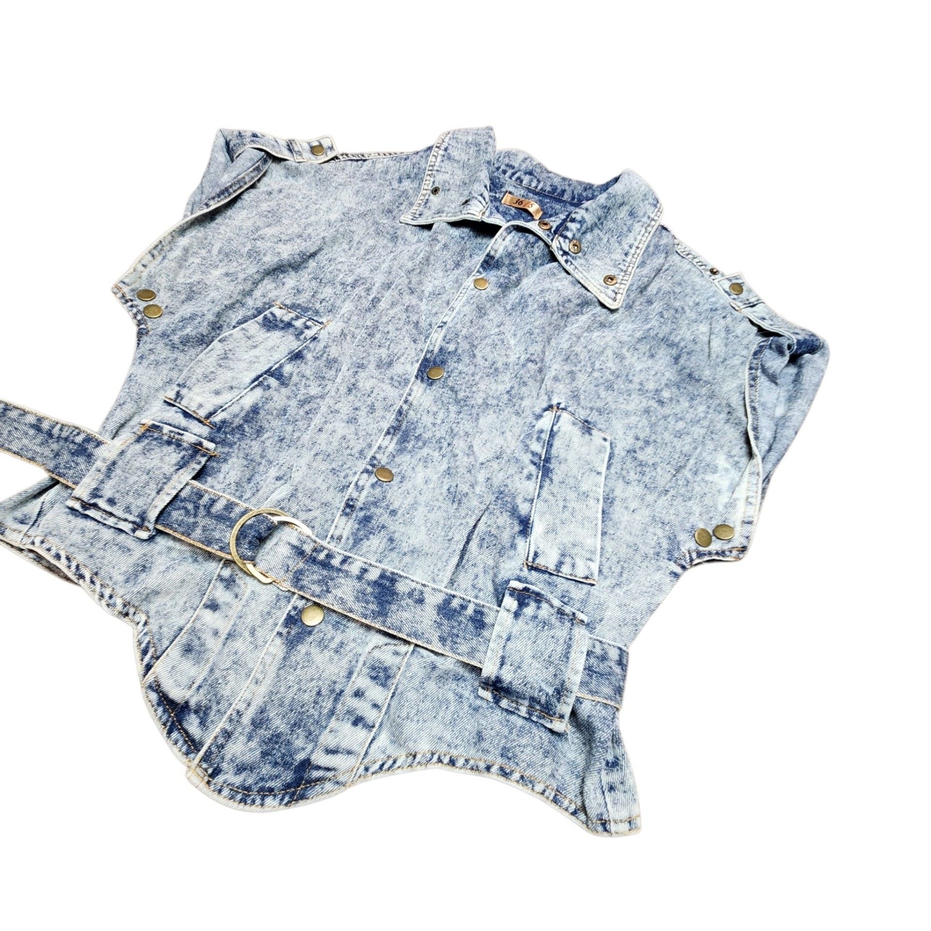 36Point5 Acid Wash Denim Vest Size S Belted Studded Sleeveless Jacket 3