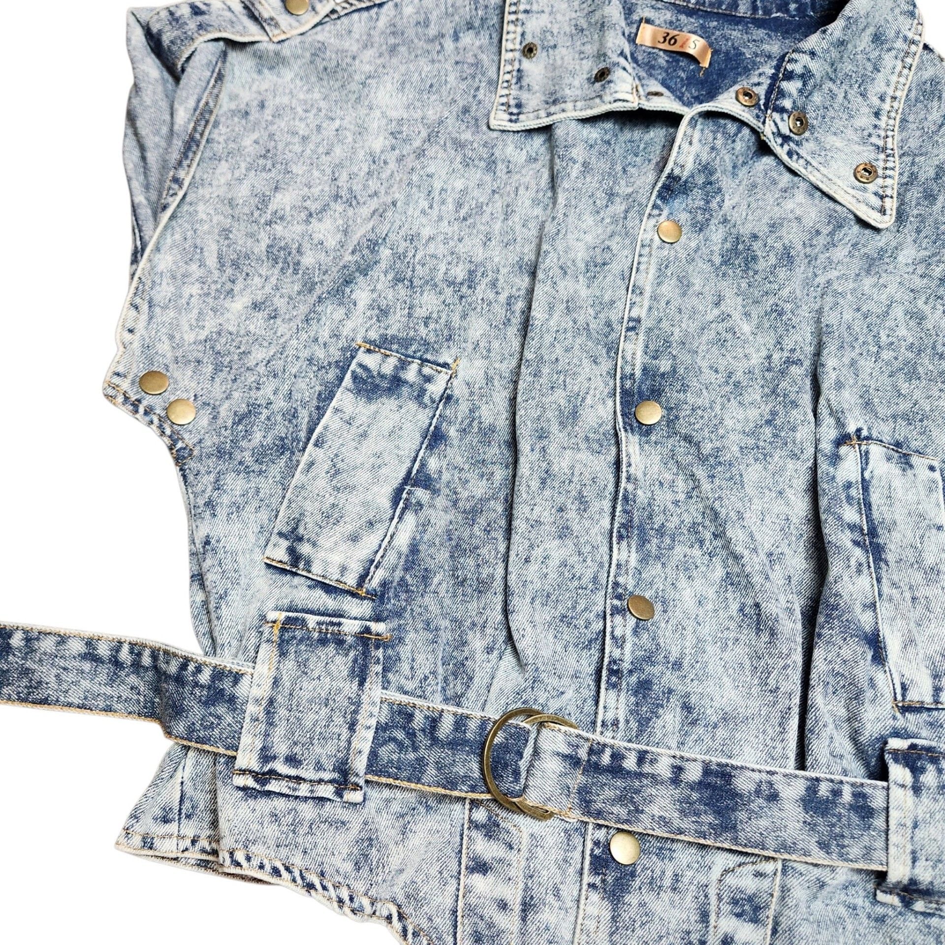 36Point5 Acid Wash Denim Vest Size S Belted Studded Sleeveless Jacket 13