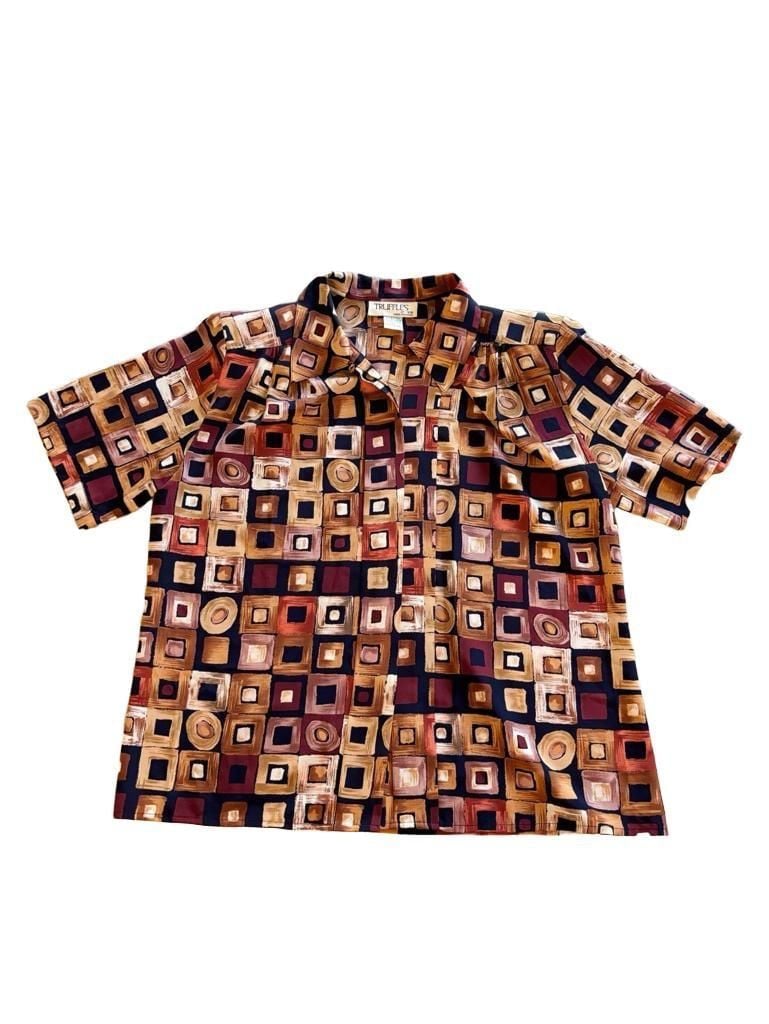 Truffles By Yb Geometric Shirt Size L Brown Vintage Short Sleeve Top 2
