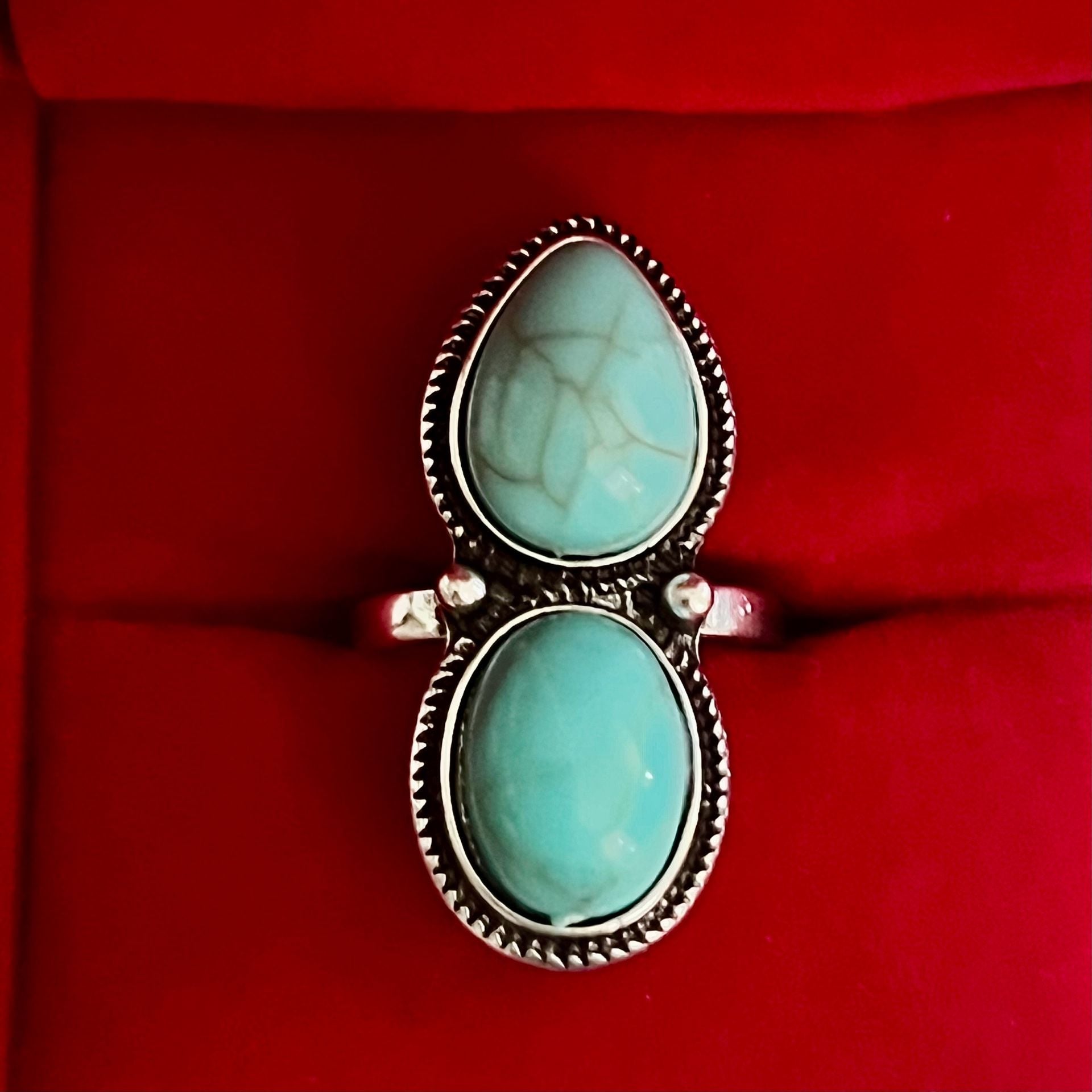 Bohemian Turquoise Double Stone Statement Ring Size 6 1