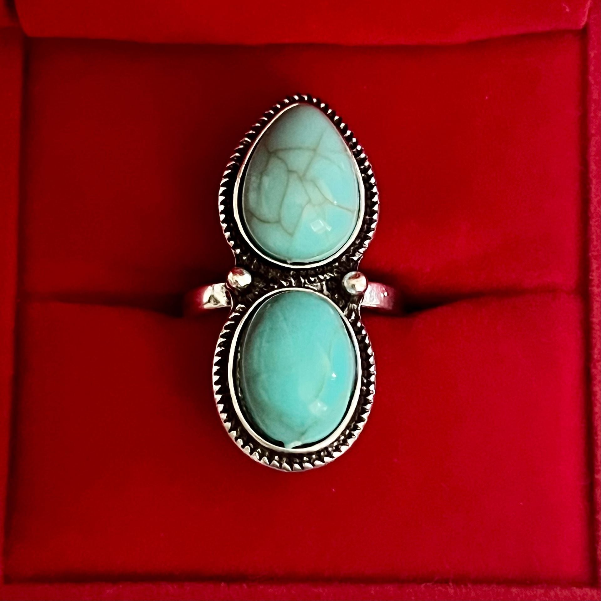 Bohemian Turquoise Double Stone Statement Ring Size 6 2