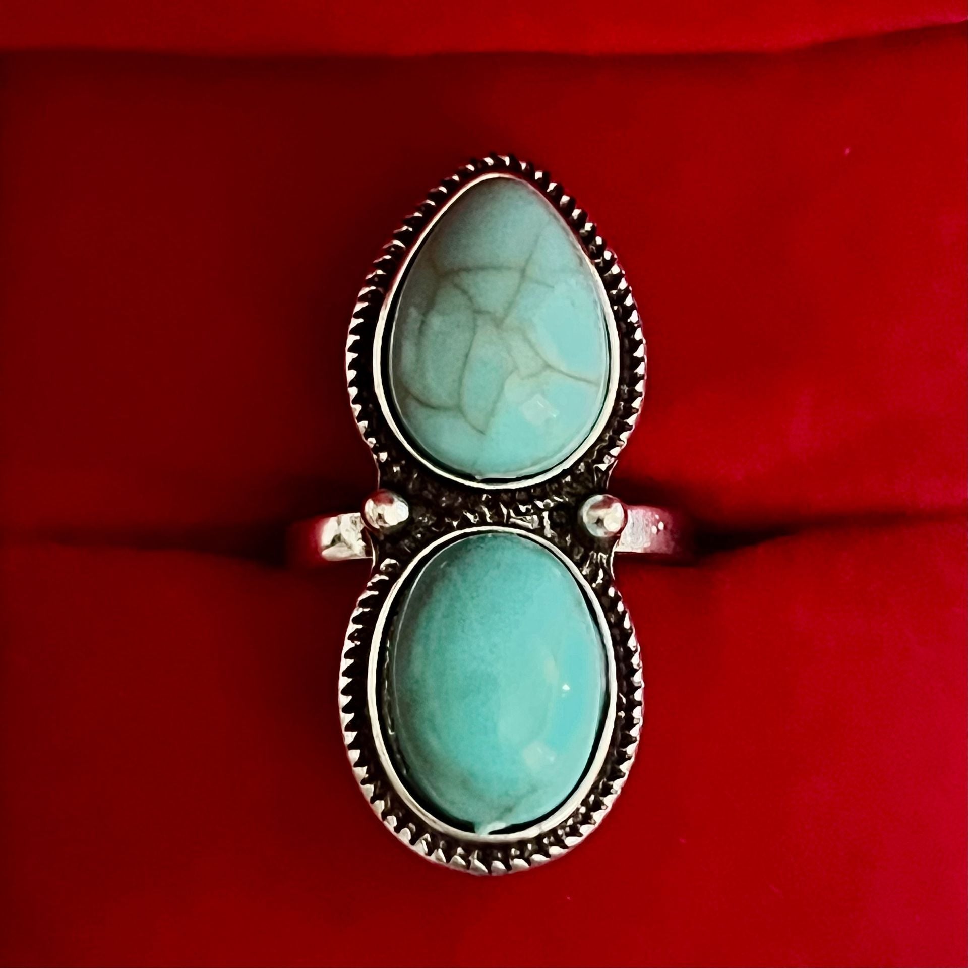Bohemian Turquoise Double Stone Statement Ring Size 6 3