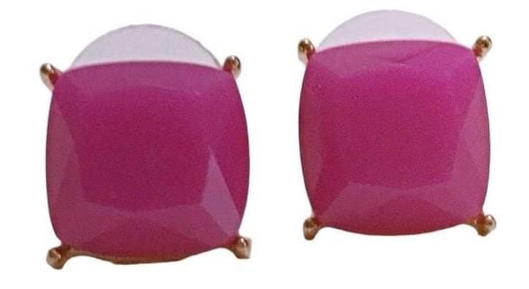 Gold Tone Square Post Earrings- Magenta 2