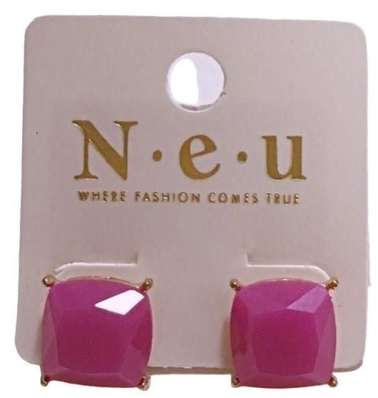 Gold Tone Square Post Earrings- Magenta 3