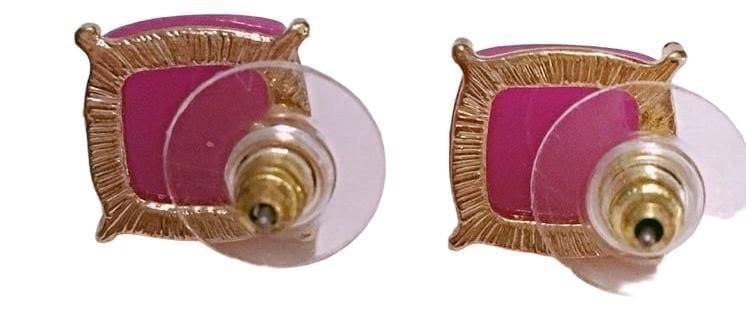 Gold Tone Square Post Earrings- Magenta 4