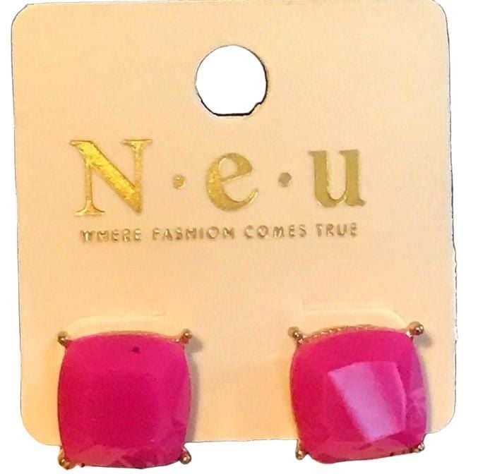 Gold Tone Square Post Earrings- Magenta 6