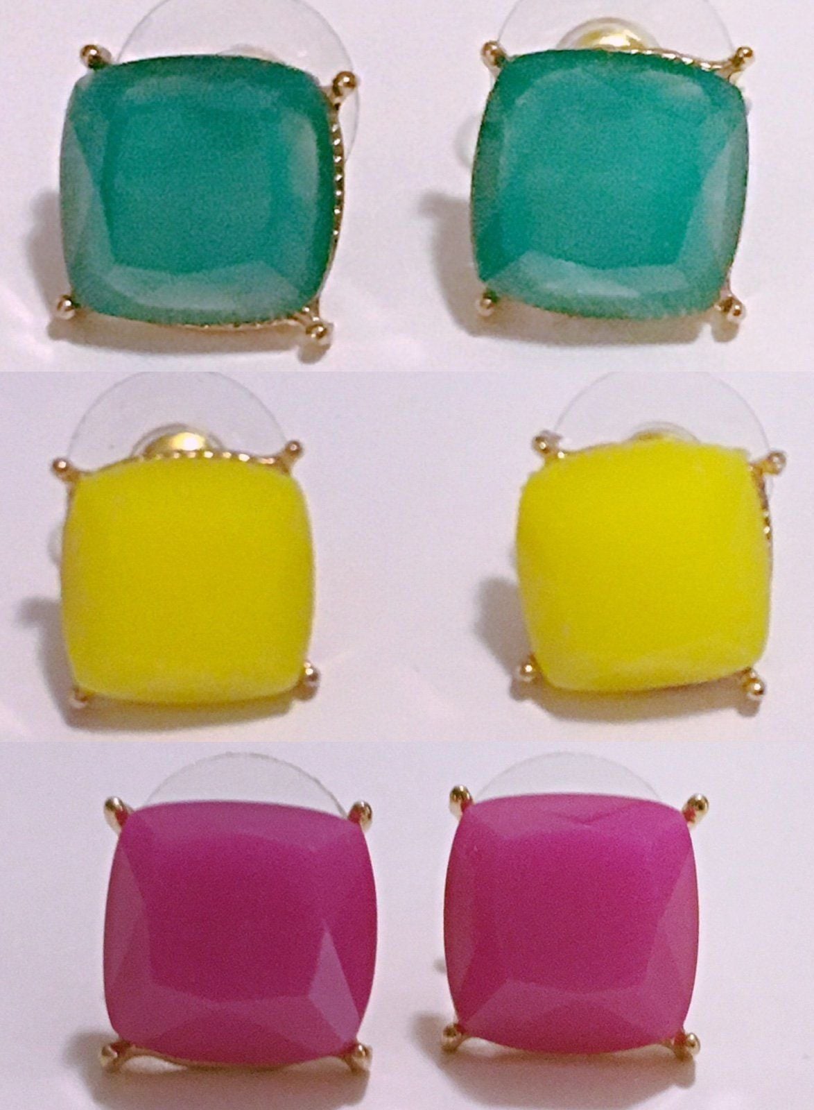 Gold Tone Square Post Earrings- Magenta 9