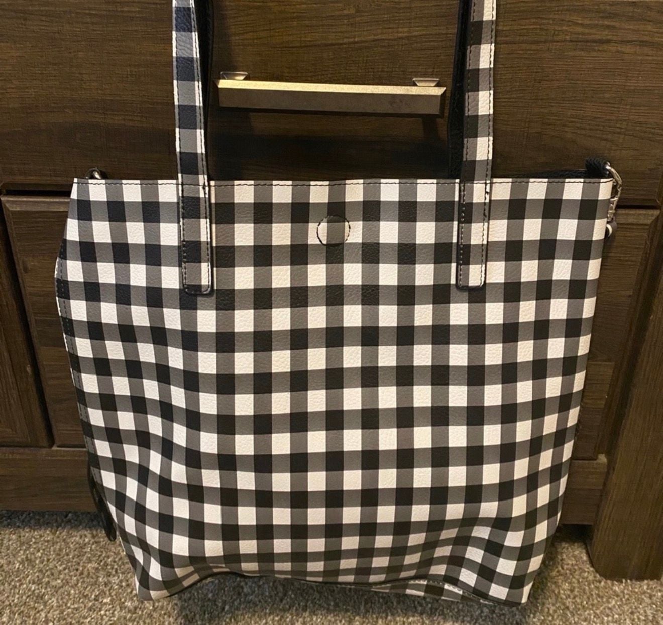 Black White Gingham Checkered Tote Bag With Strap 7