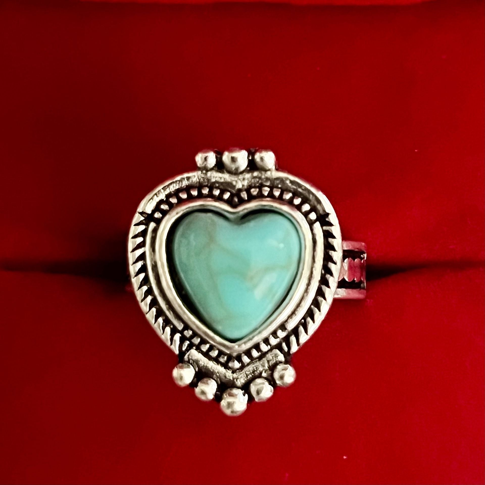 Turquoise Heart Ring Filigree Oxidized Silver Size 6 2