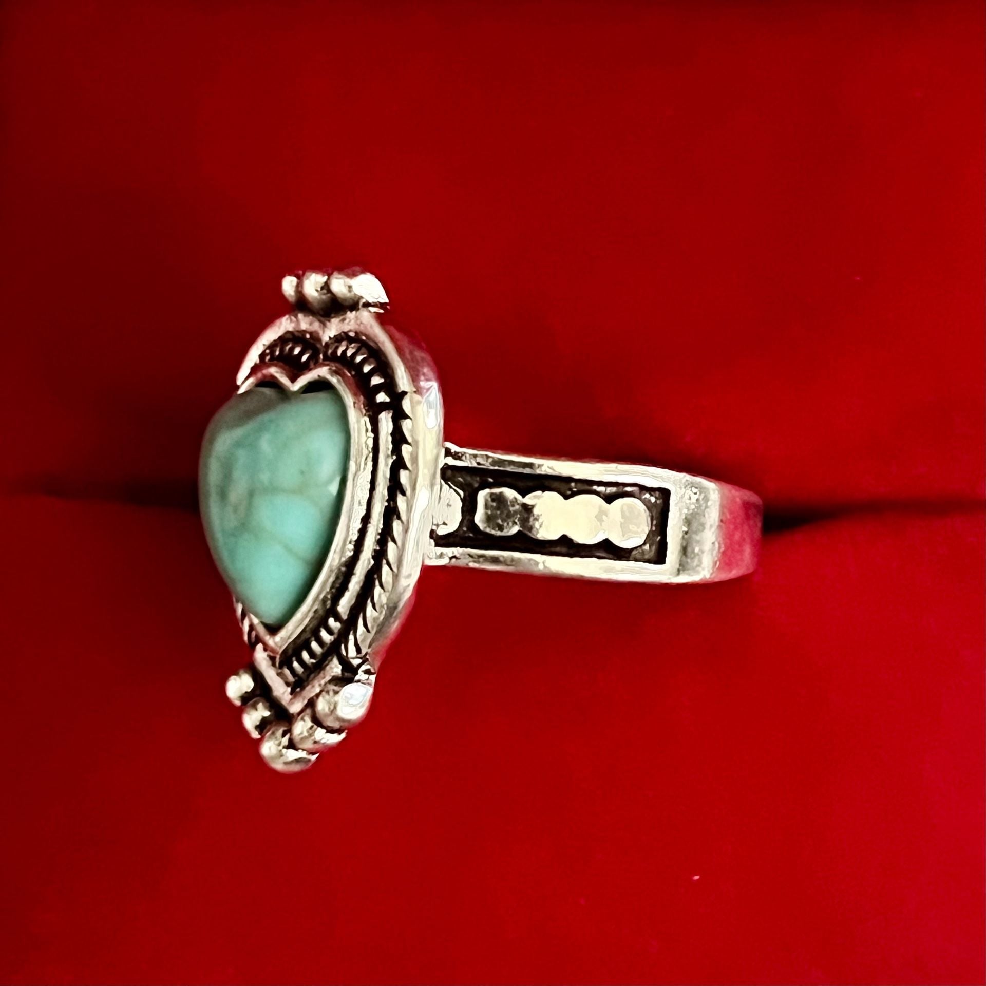 Turquoise Heart Ring Filigree Oxidized Silver Size 6 5