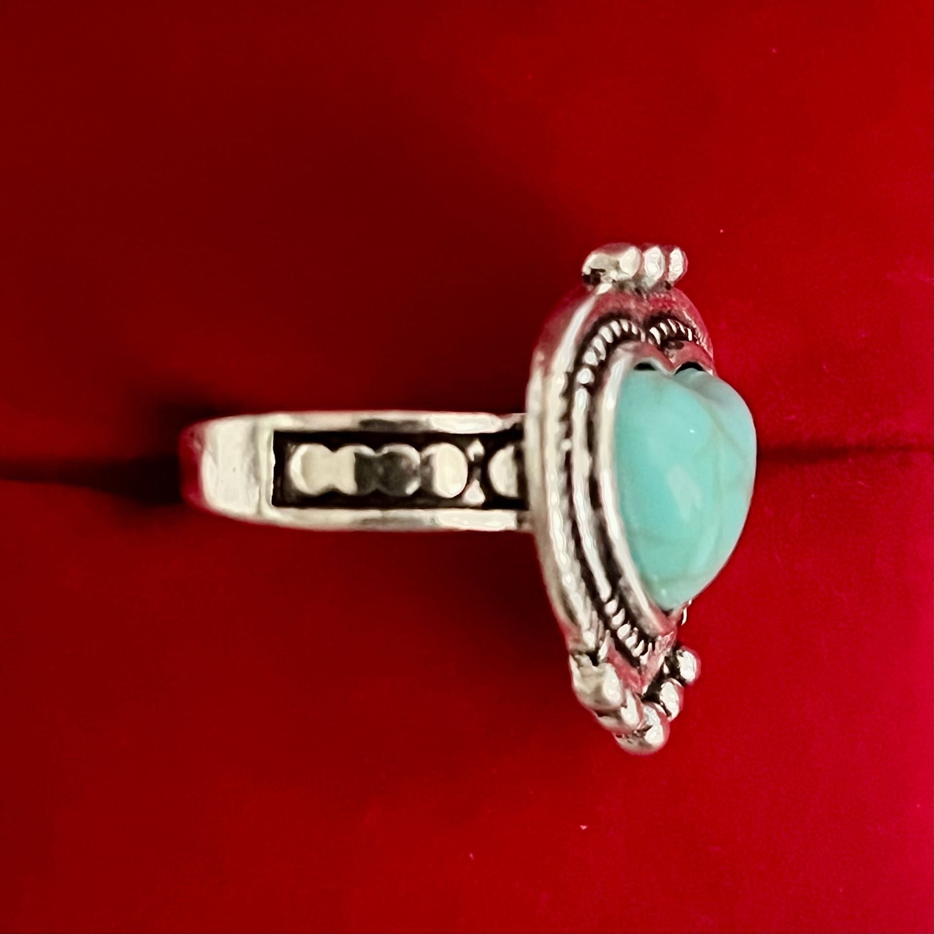 Turquoise Heart Ring Filigree Oxidized Silver Size 6 6