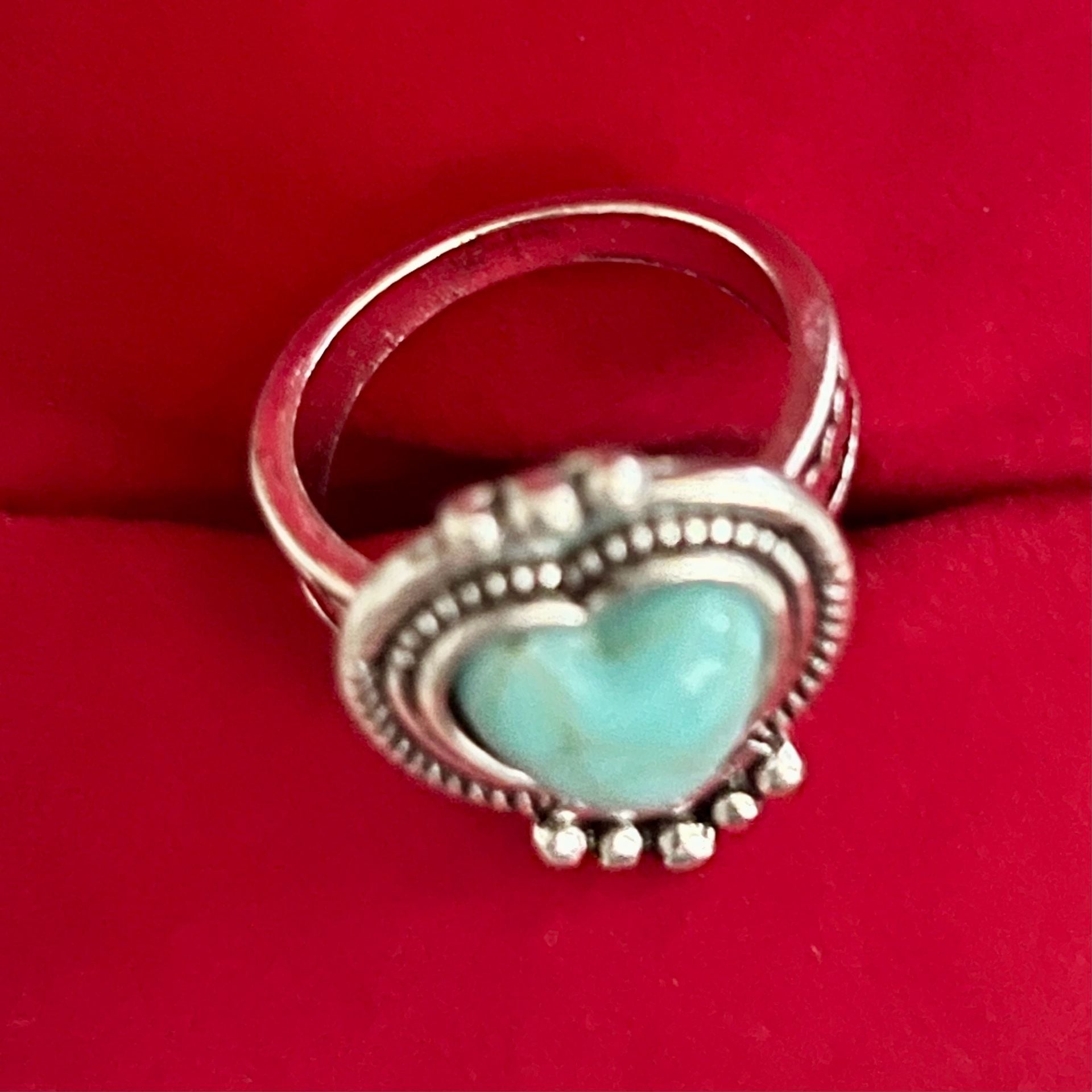 Turquoise Heart Ring Filigree Oxidized Silver Size 6 7