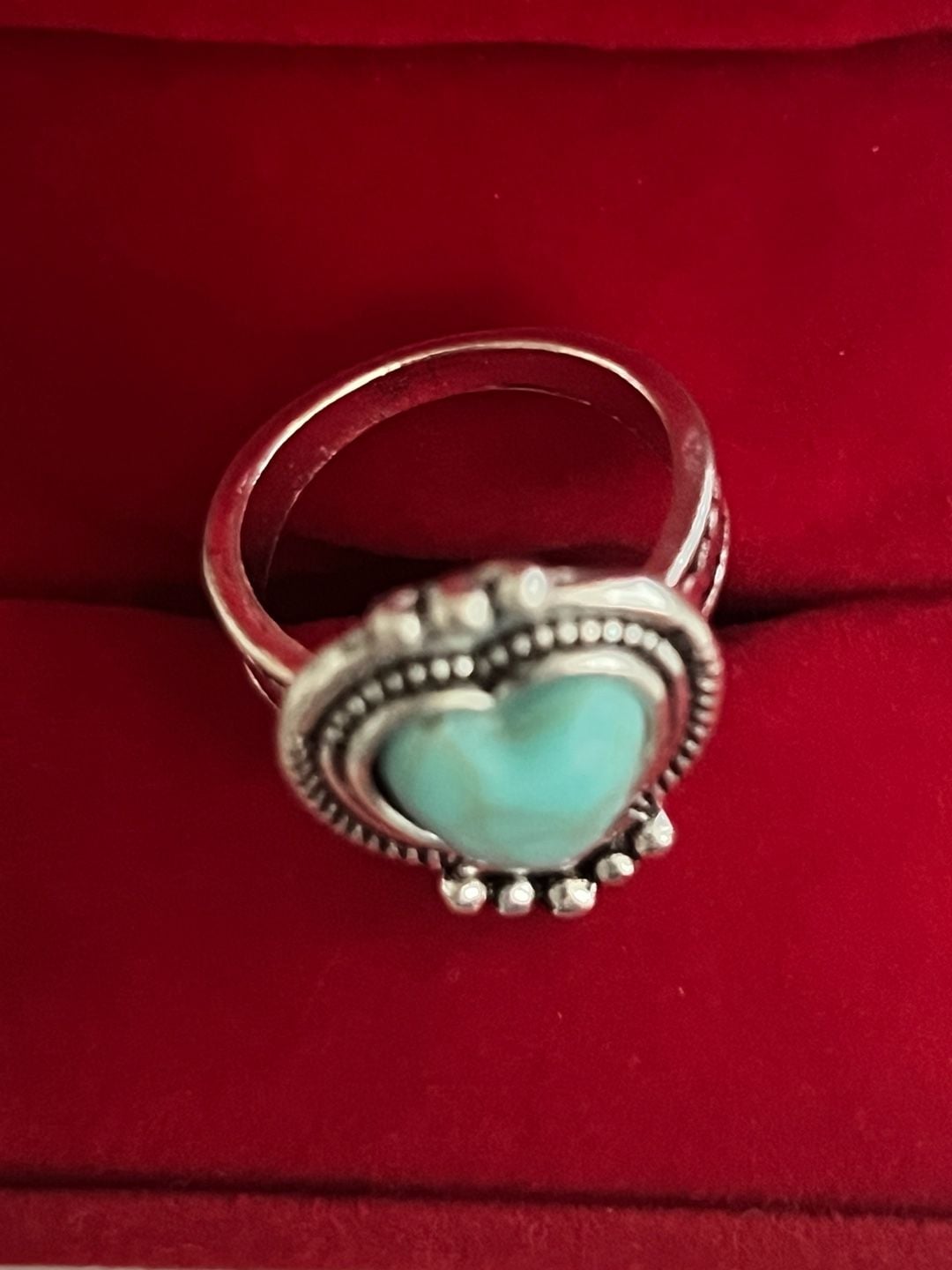 Turquoise Heart Ring Filigree Oxidized Silver Size 6 8
