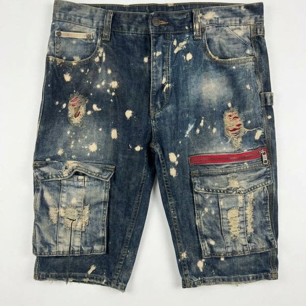 Heritage America Denim Cargo Shorts Size W38 Distressed Splatter