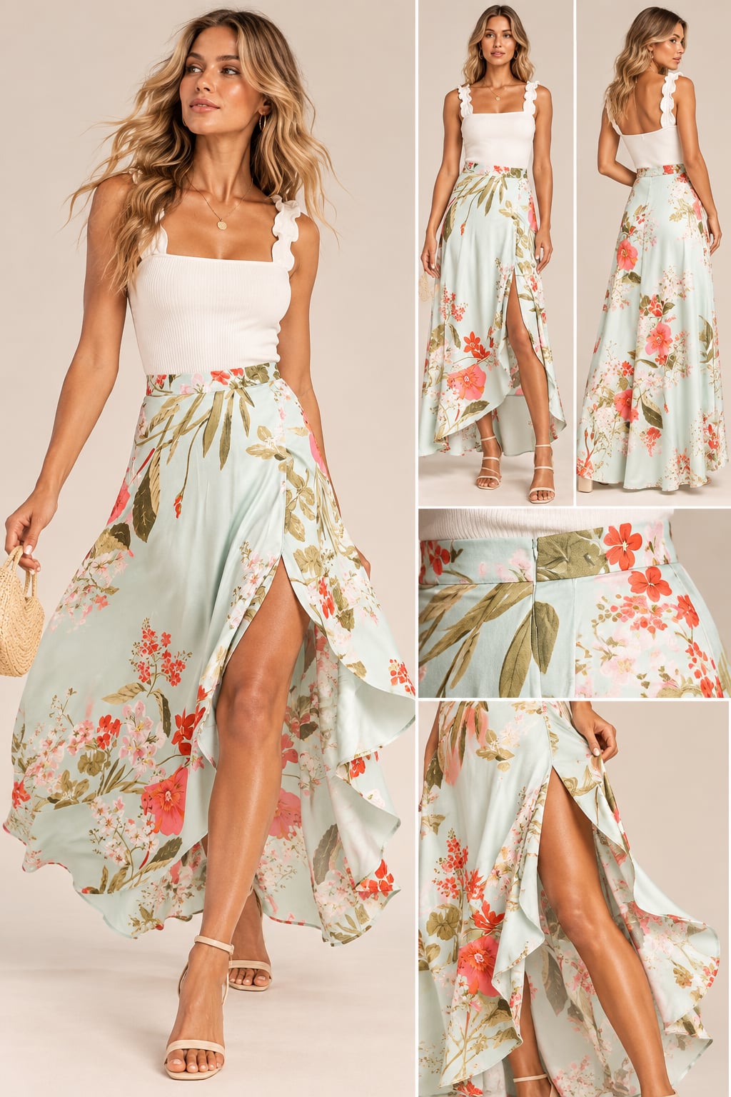 Lulus Sage Green Floral Print Satin Maxi Skirt in Size: Large NWT 2