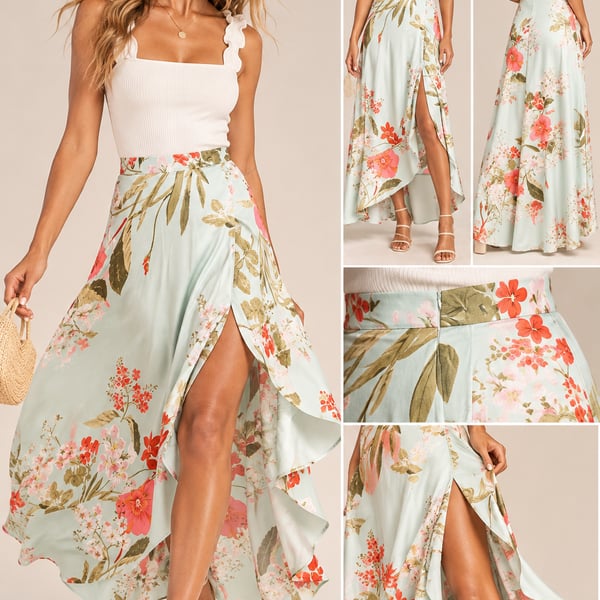 Lulus Sage Green Floral Print Satin Maxi Skirt in Size: Large NWT