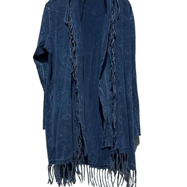Cover Charge Cardigan Size L BLUE Mineral Wash Fringe Open Front Duster