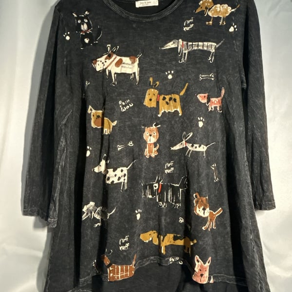 Jess & Jane Dog Days Top Size L Black Multi Cotton Long Sleeve Shirt