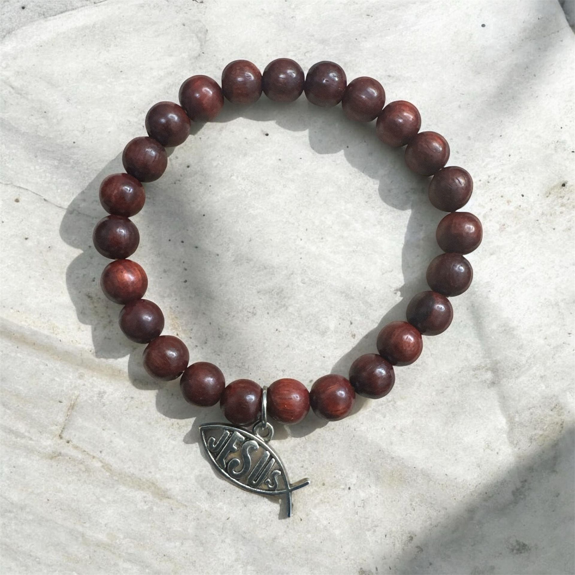 Unbranded Brown Wood Beaded Jesus Fish Charm Stretch Bracelet 2