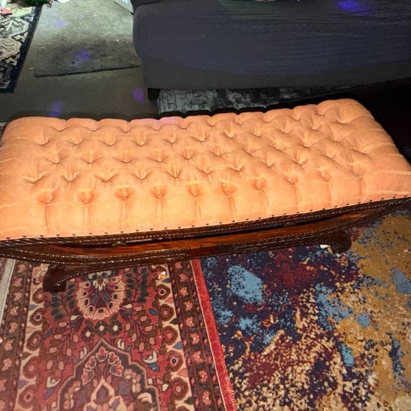Vintage Tufted Upholstered Wooden Bench with Nailhead Trim