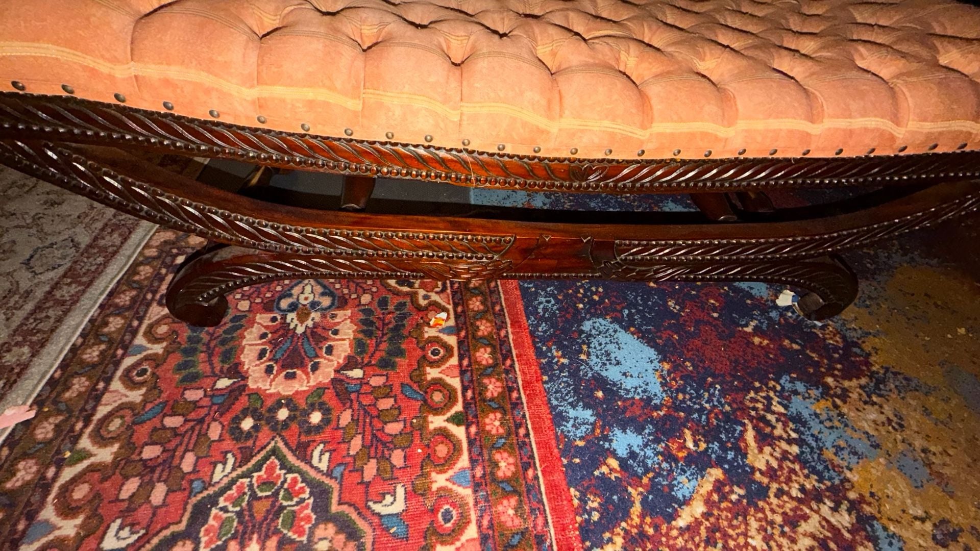 Vintage Tufted Upholstered Wooden Bench with Nailhead Trim 2
