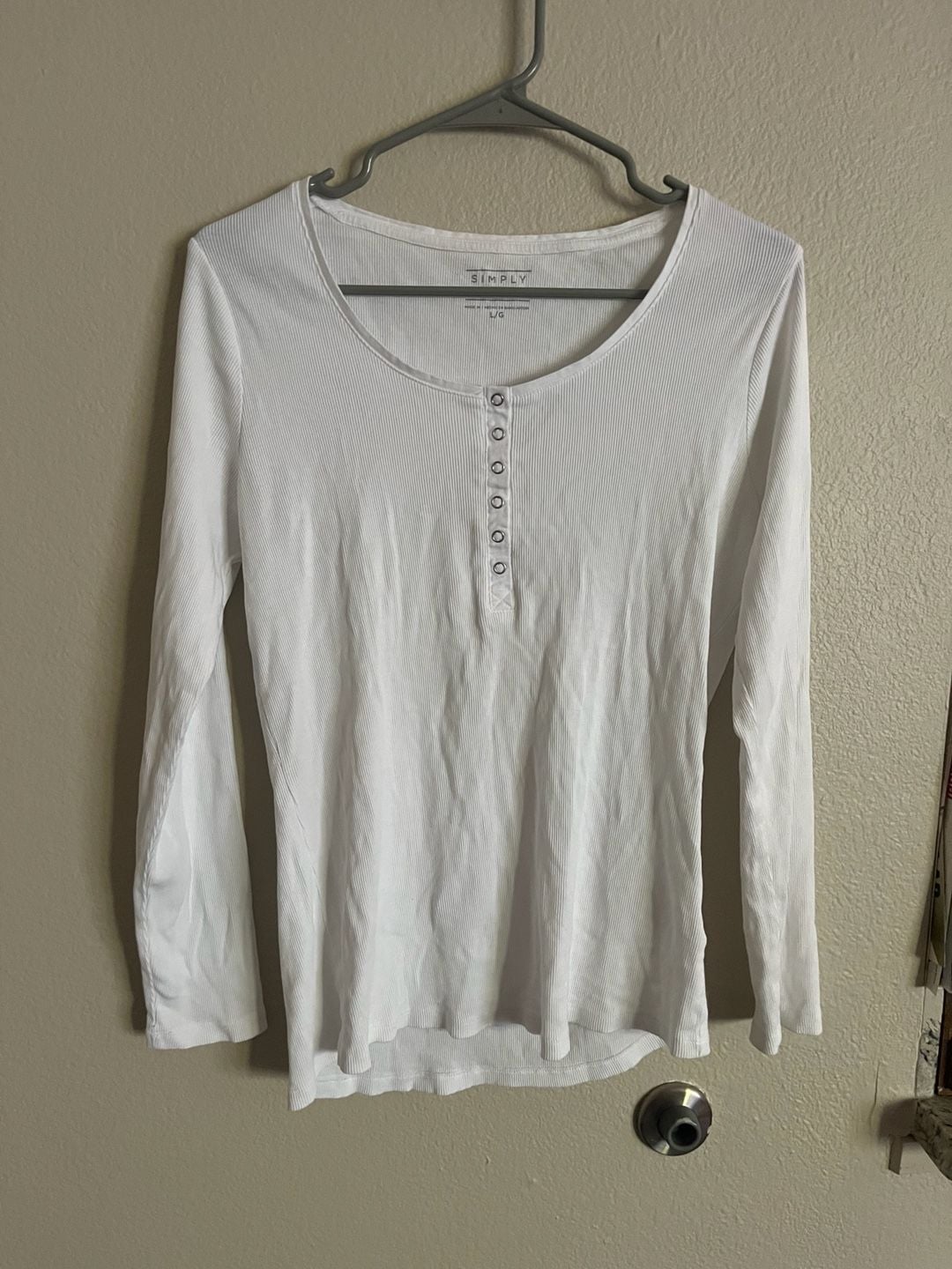 Simply Styled Long Sleeve Henley Shirt Size L White Ribbed Button Front 2