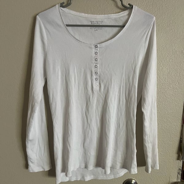 Simply Styled Long Sleeve Henley Shirt Size L White Ribbed Button Front