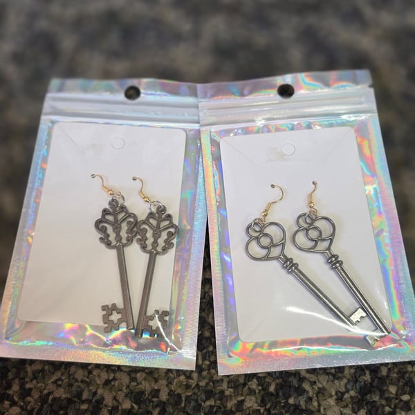 Vintage Style Antique Silver Key Drop Earrings