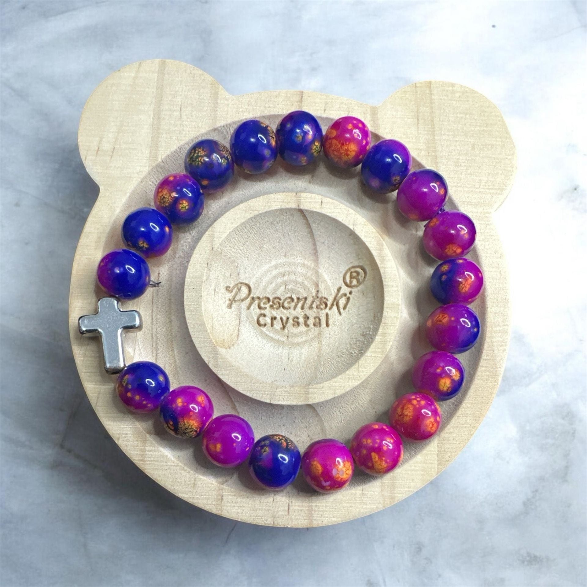 Glass 10mm Purple and Pink Beaded Bracelet with Cross 2