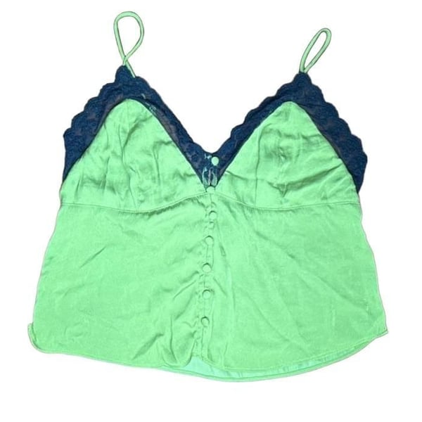 Urban Outfitters Cami Size M Green Black Lace Trim Button-Front Top