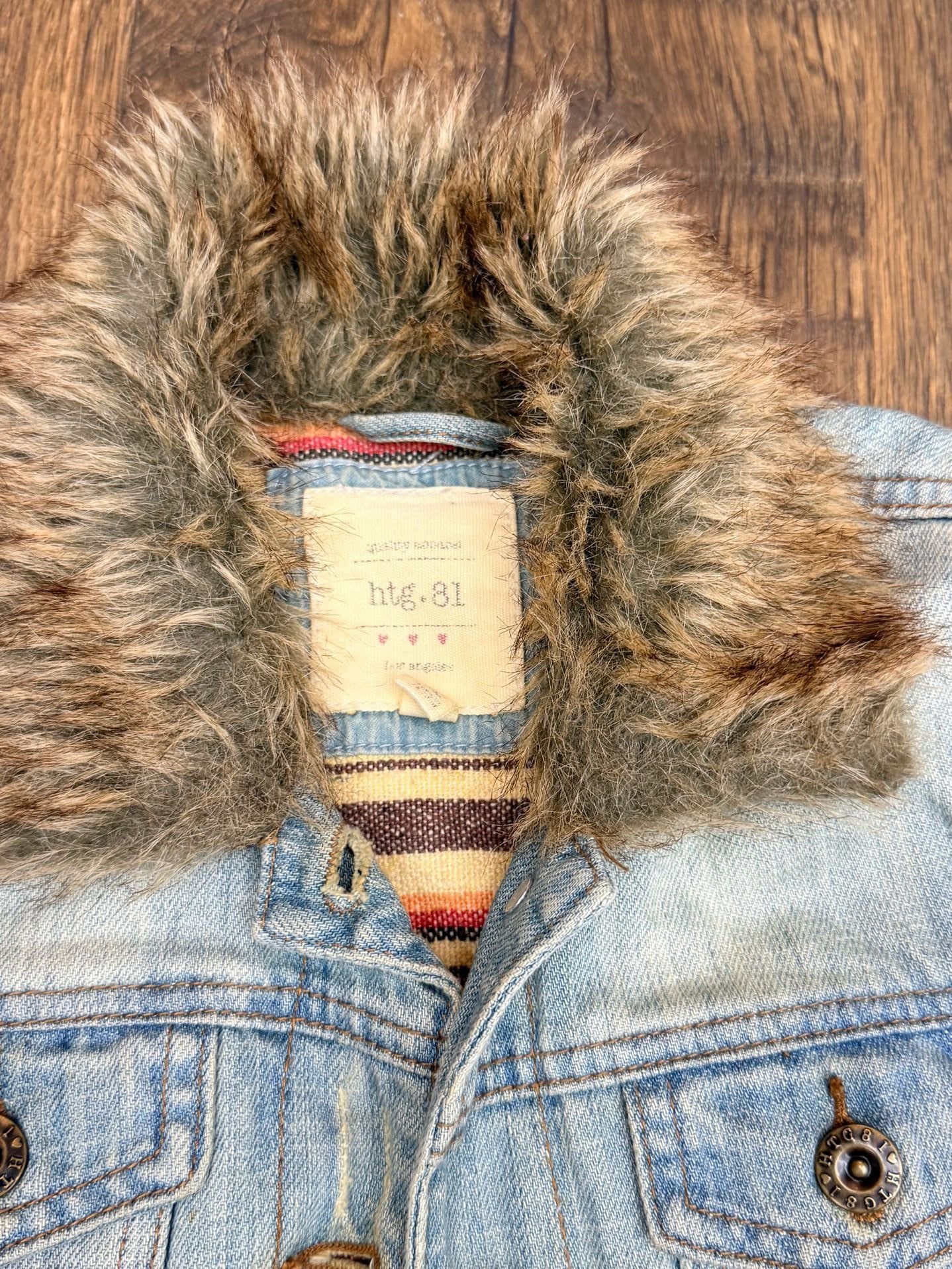 Hollister Denim Jacket Kids Size S Faux Fur Collar Blanket Lined Distressed 3