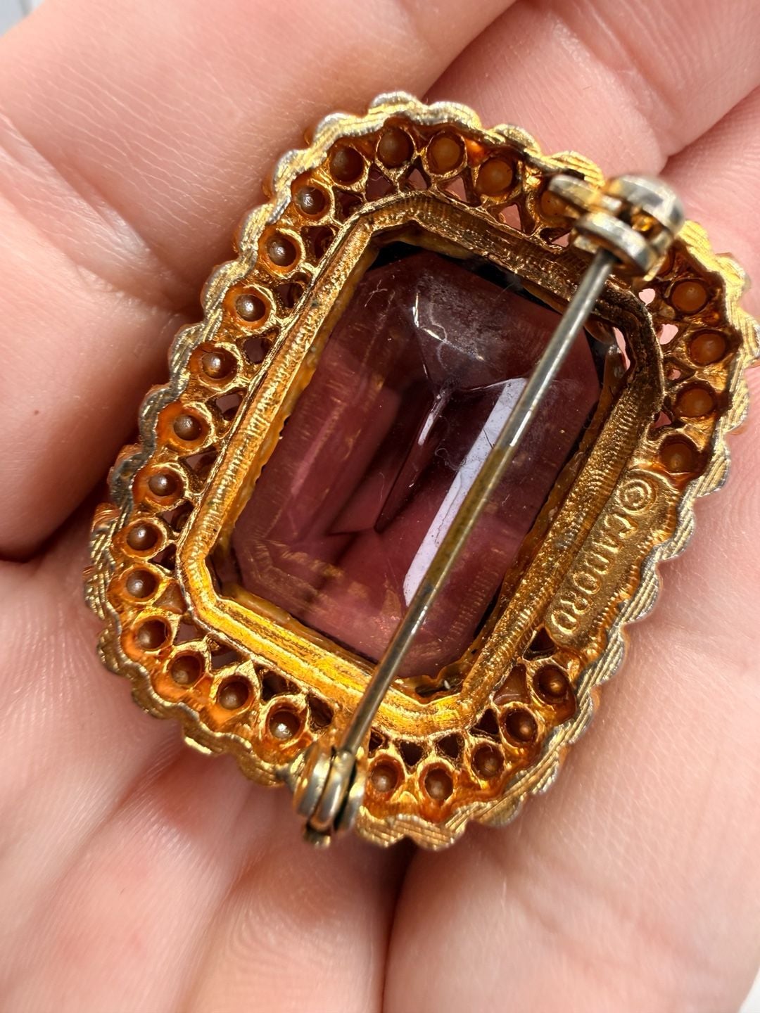 Cadoro Vintage Purple Glass Faux Pearl Brooch Pin 5