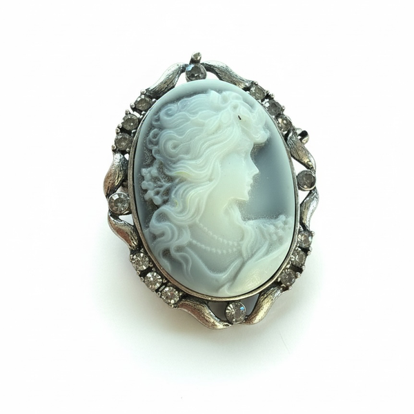 Colored Grey Vintage Cameo Lady Brooch Pin