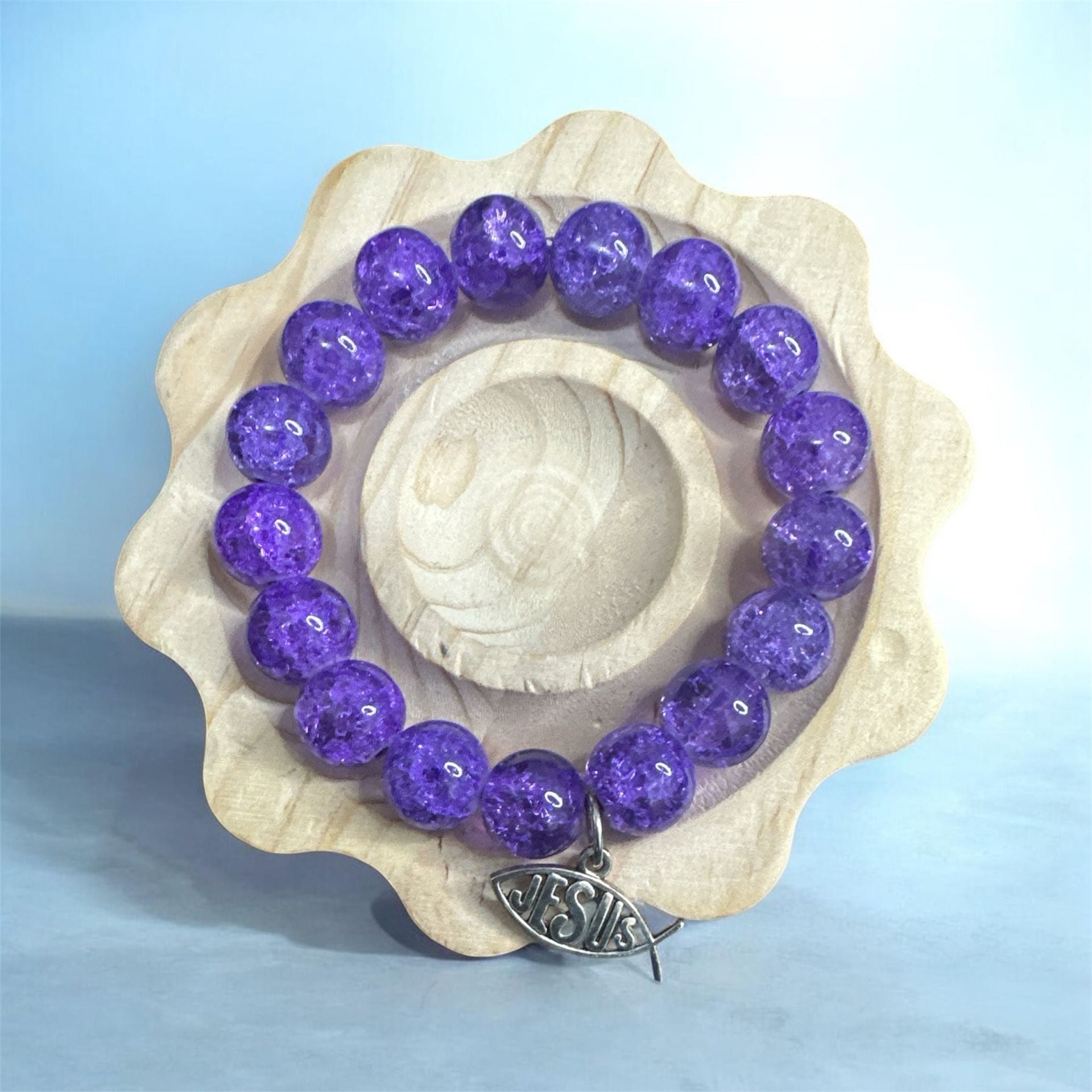 Unbranded 12mm Purple Crackled Glass Bead Jesus Fish Charm Bracelet 2