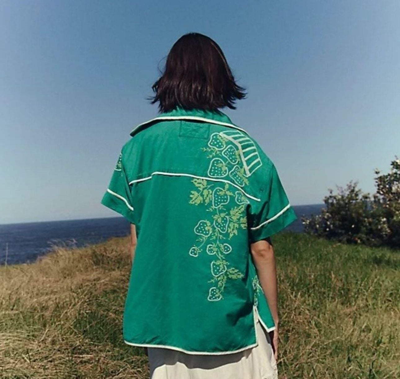 We The Free Embroidered Shirt Size XS Green Strawberry Motif 2