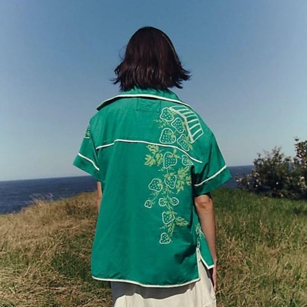 We The Free Embroidered Shirt Size XS Green Strawberry Motif