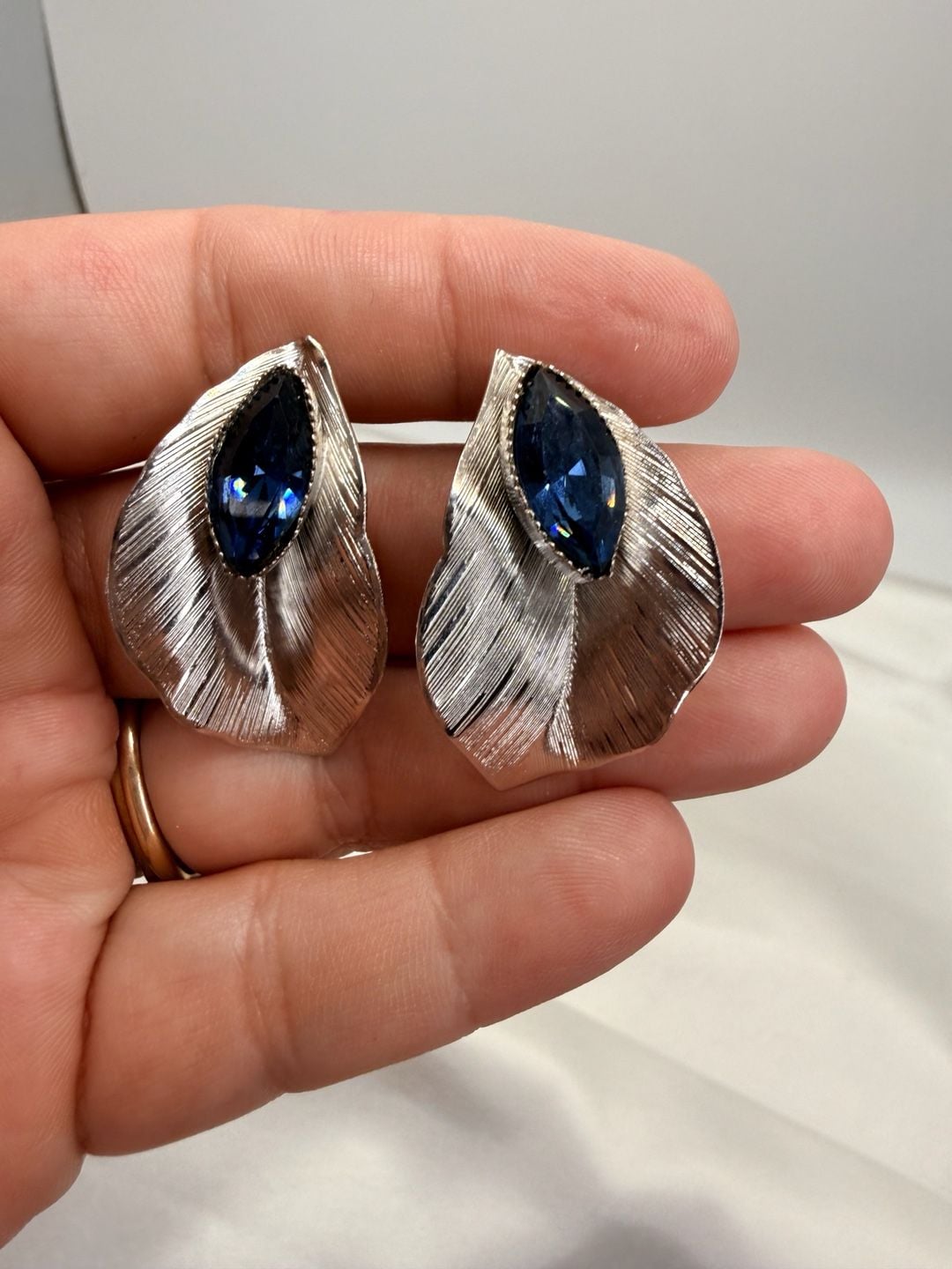 Whiting & Davis Silver Tone Leaf Blue Rhinestone Earrings 2