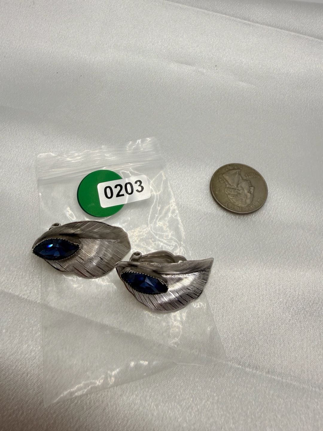 Whiting & Davis Silver Tone Leaf Blue Rhinestone Earrings 3