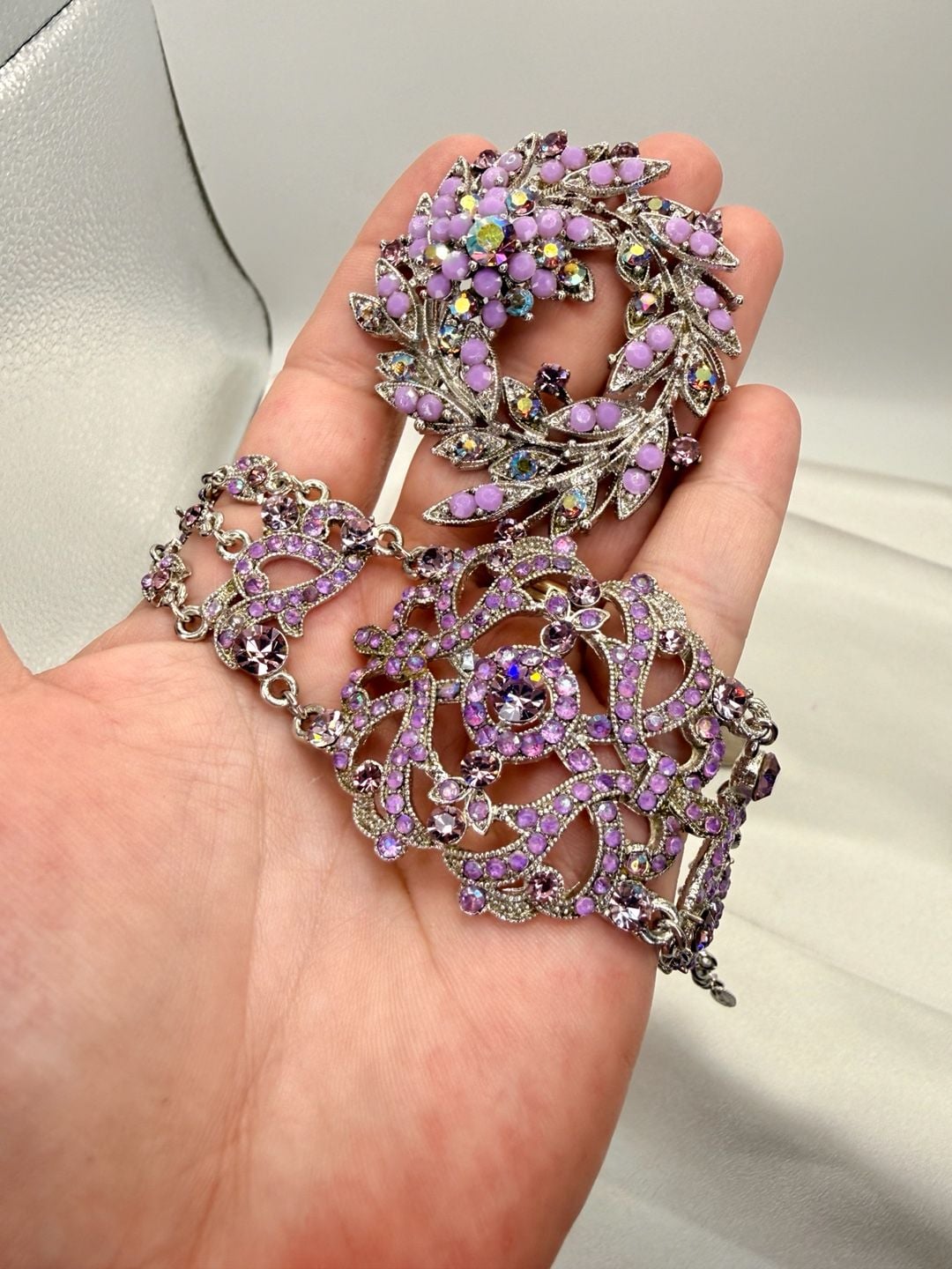 VCLM Purple Rhinestone Filigree Bracelet Brooch Set 1