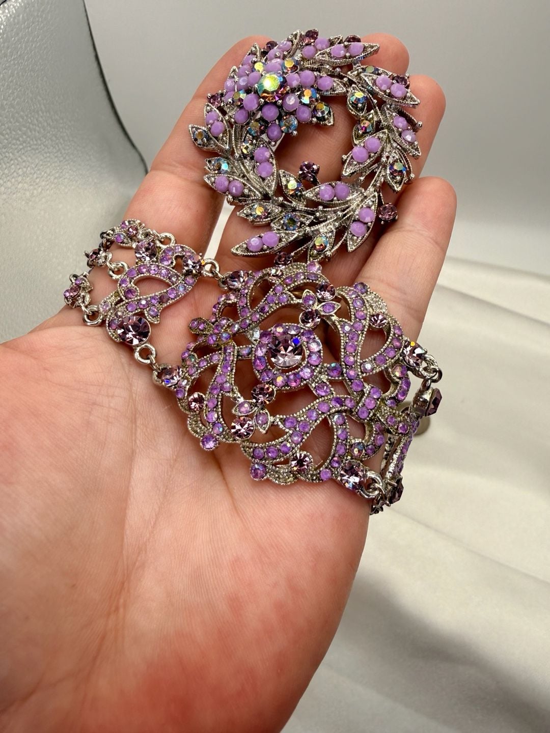 VCLM Purple Rhinestone Filigree Bracelet Brooch Set 2