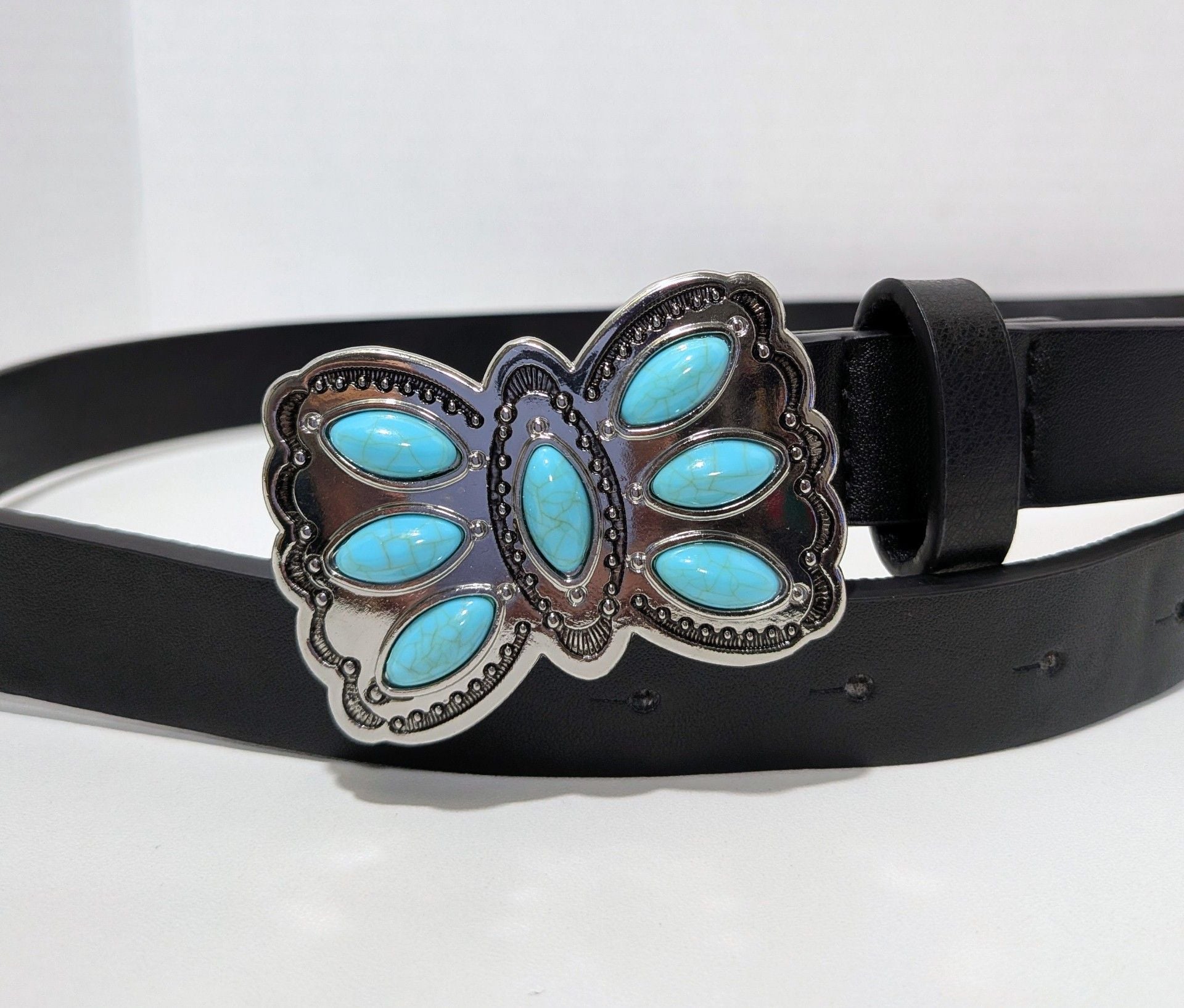 Western Black Belt With Turquoise Butterfly Buckle Size 37 1