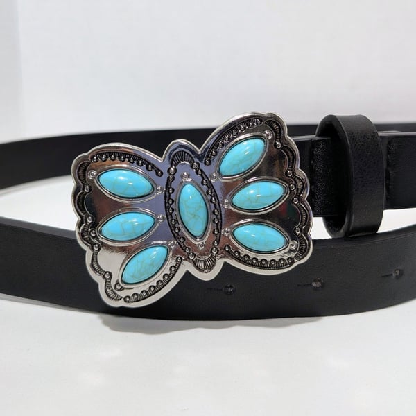 Western Black Belt With Turquoise Butterfly Buckle Size 37