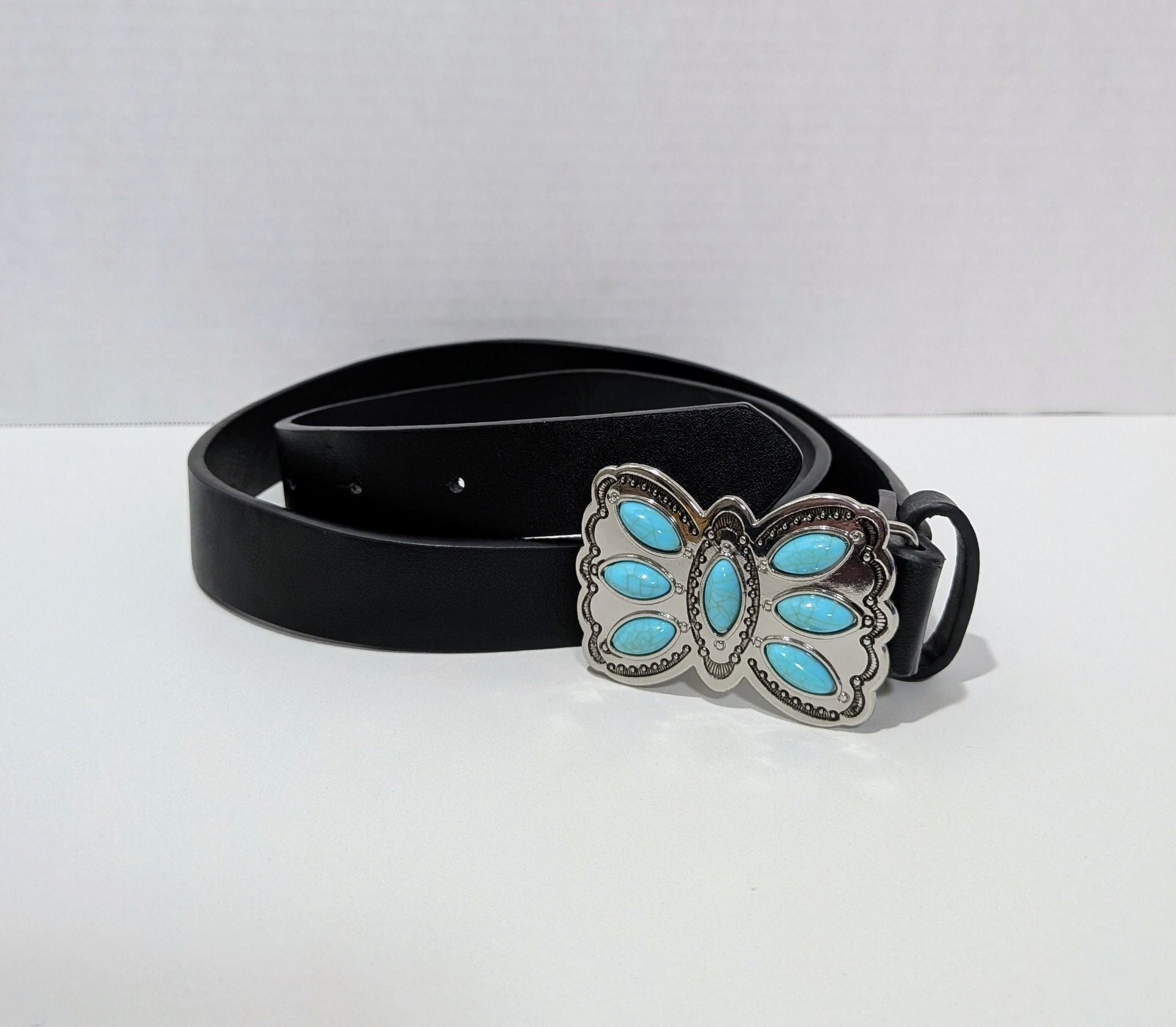 Western Black Belt With Turquoise Butterfly Buckle Size 37 4