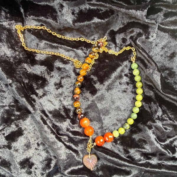 Handmade Autumn Fall Gemstone Beaded Heart Pendant Necklace