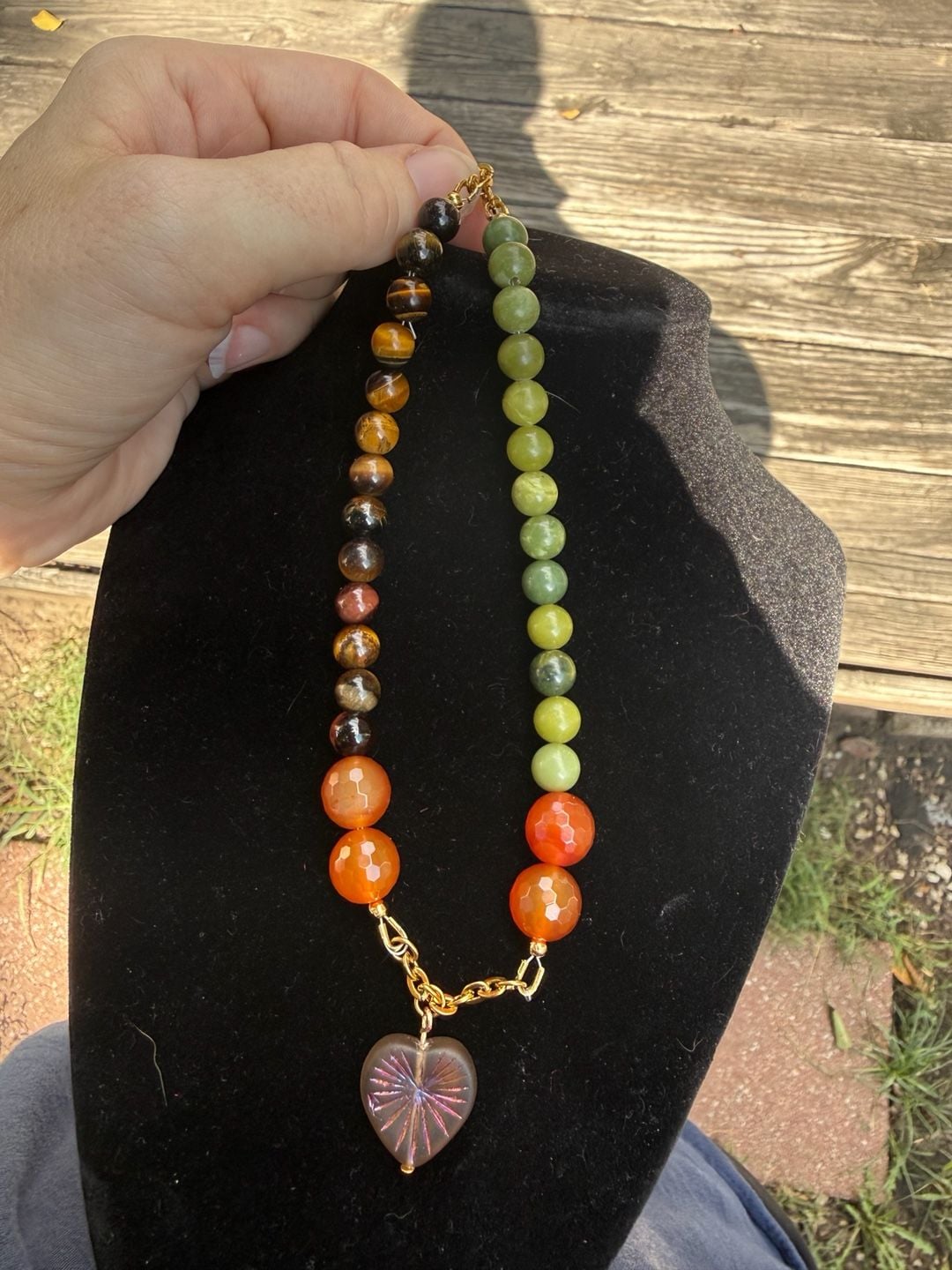 Handmade Autumn Fall Gemstone Beaded Heart Pendant Necklace 8
