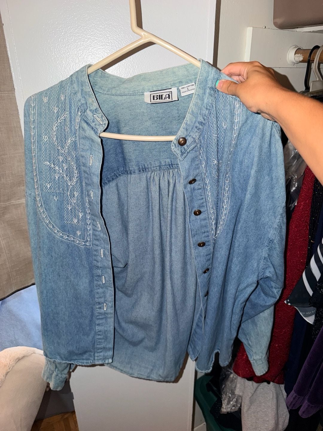 BILA Denim Shirt Size L Blue Embroidered Cotton Long Sleeve 1