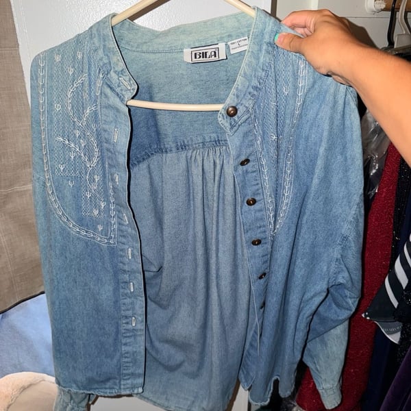 BILA Denim Shirt Size L Blue Embroidered Cotton Long Sleeve