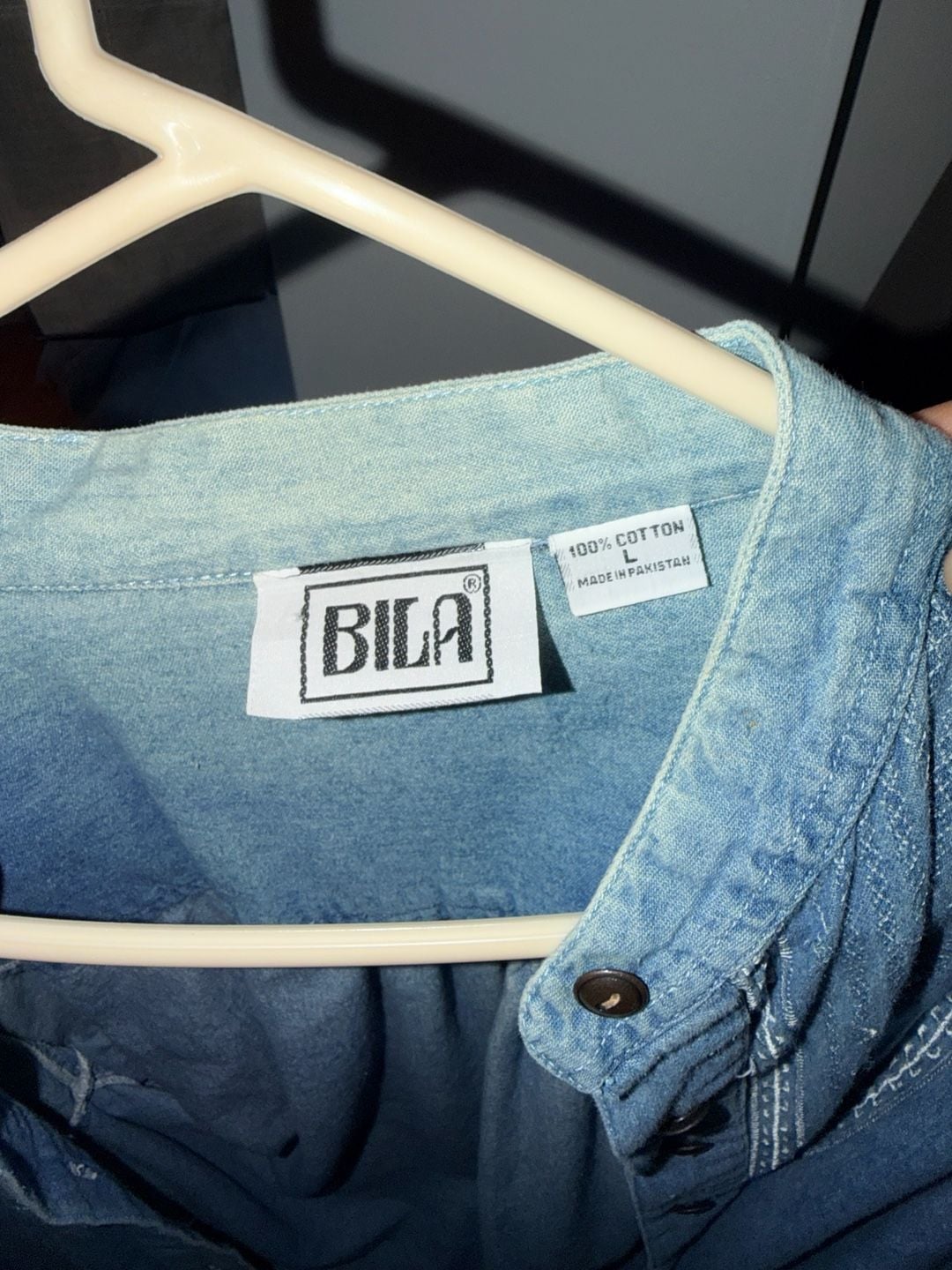BILA Denim Shirt Size L Blue Embroidered Cotton Long Sleeve 2