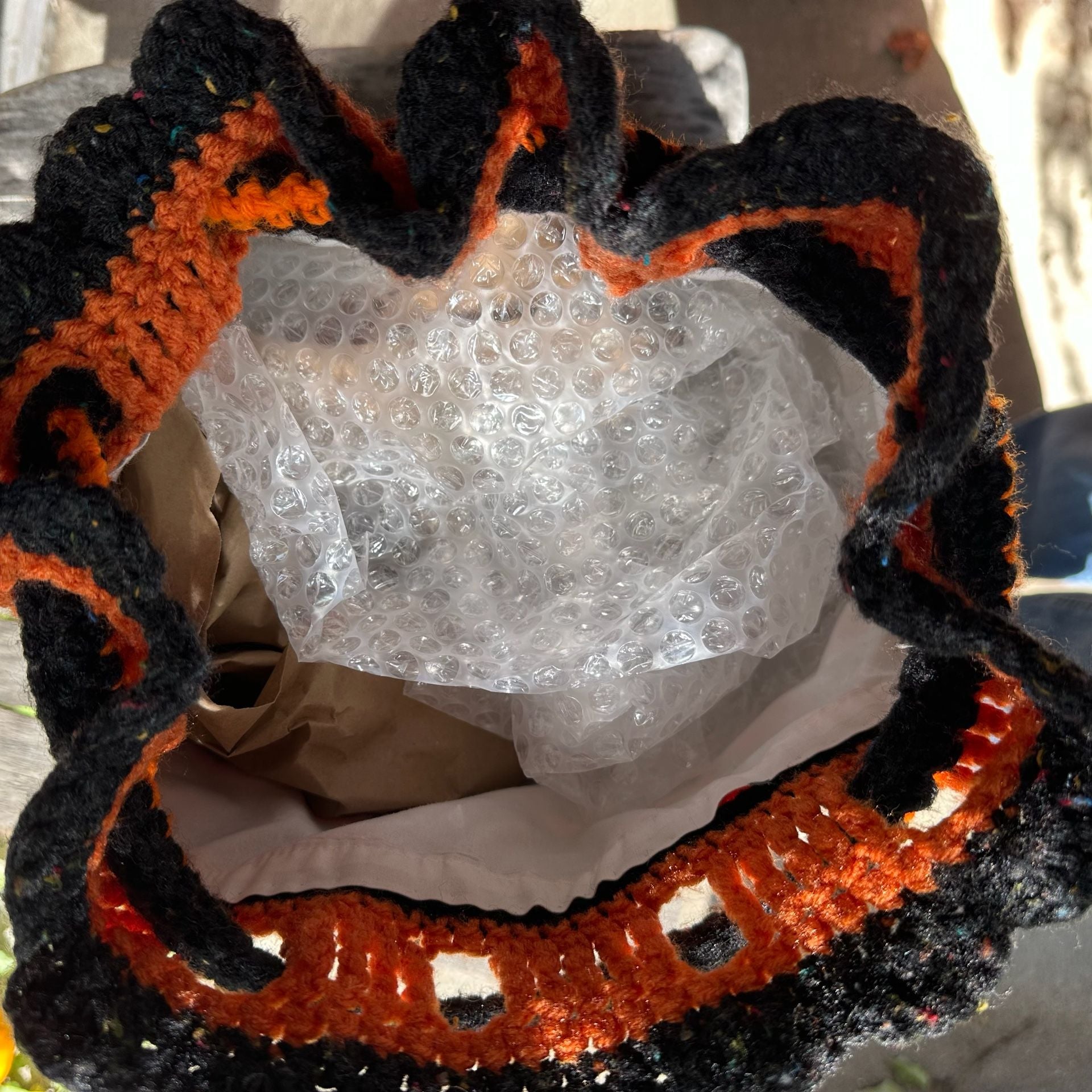 Vintage Handmade Crochet Black And Orange Striped Spooky Drawstring Bag 7