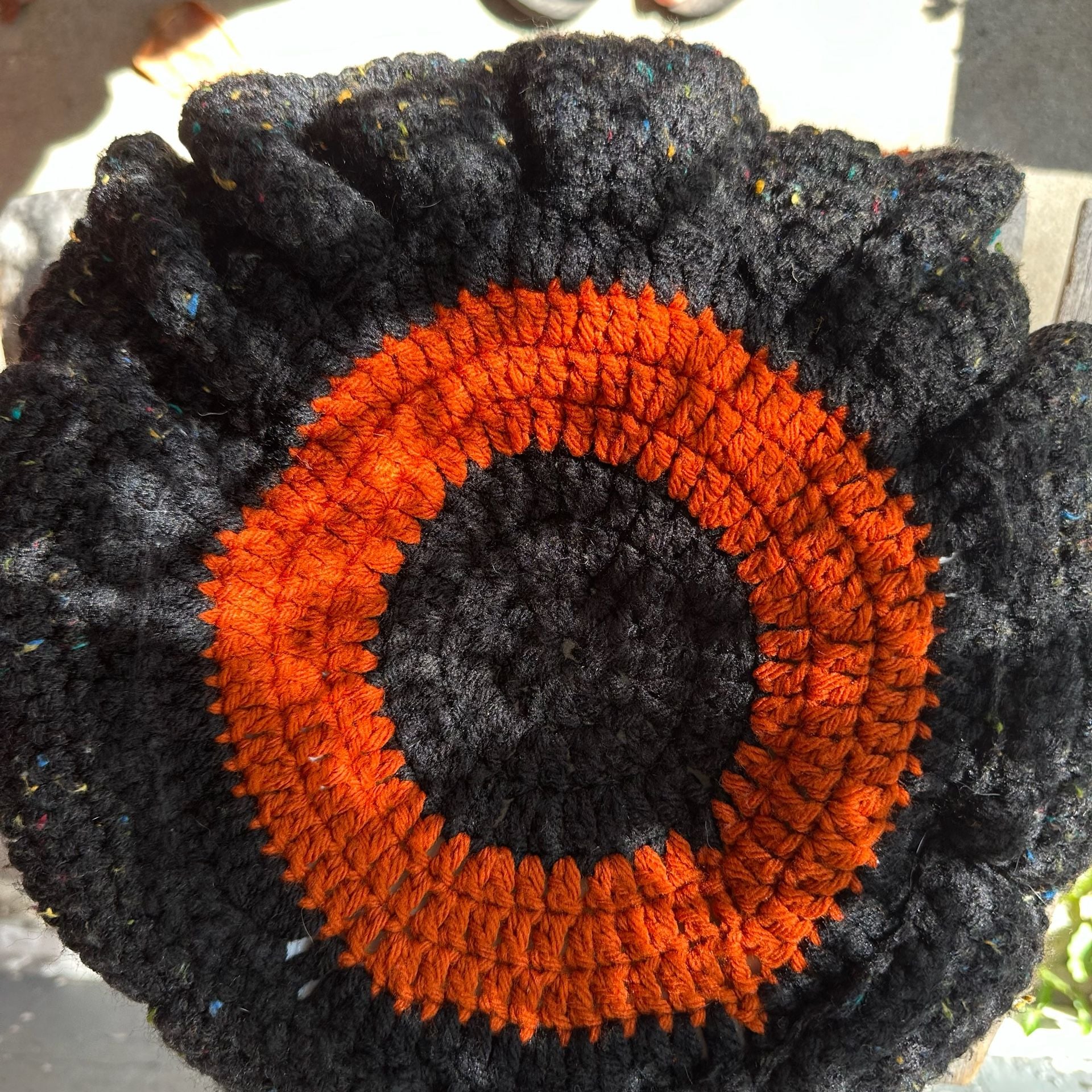 Vintage Handmade Crochet Black And Orange Striped Spooky Drawstring Bag 9